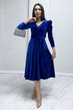 Saks Kadın Karpuz Kol Kruvaze Kadife Kuşaklı Büyük Beden Elbise

