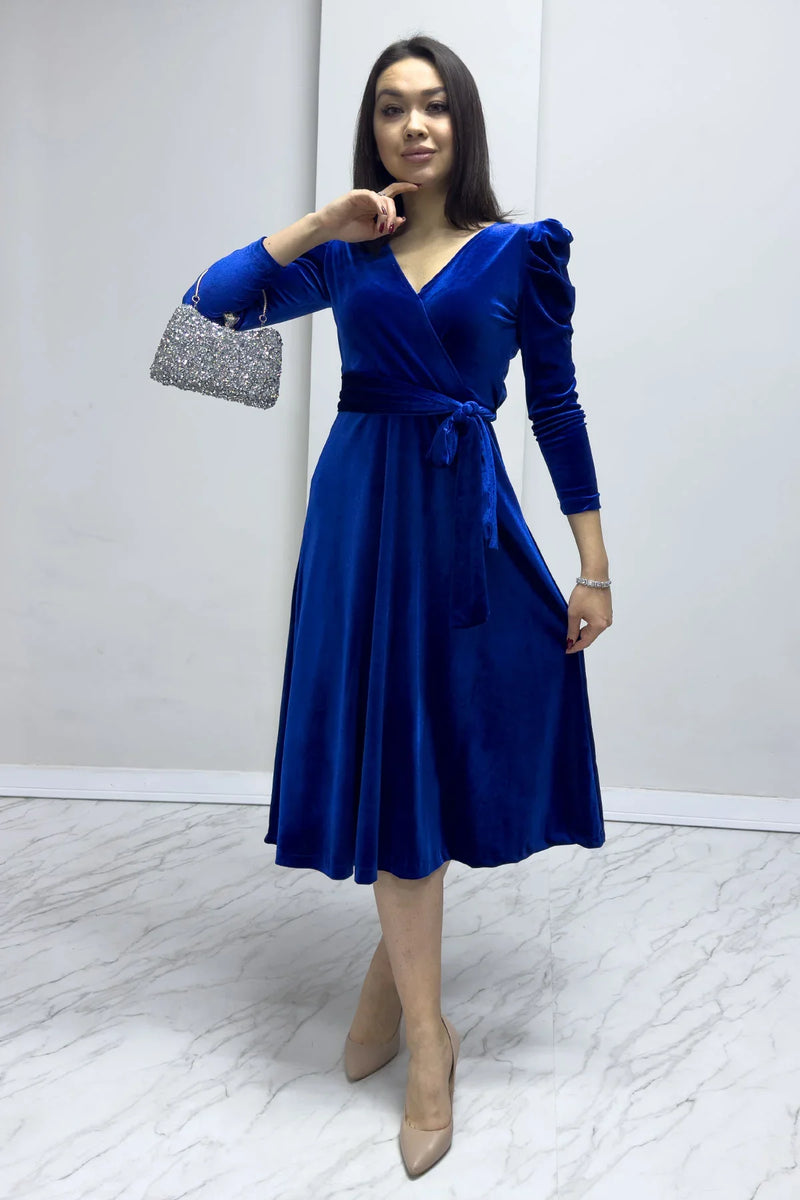 Saks Kadın Karpuz Kol Kruvaze Kadife Kuşaklı Büyük Beden Elbise

