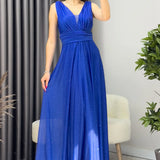 Saks Mavisi Sıfır Kol Transparan Detay Abiye Elbise