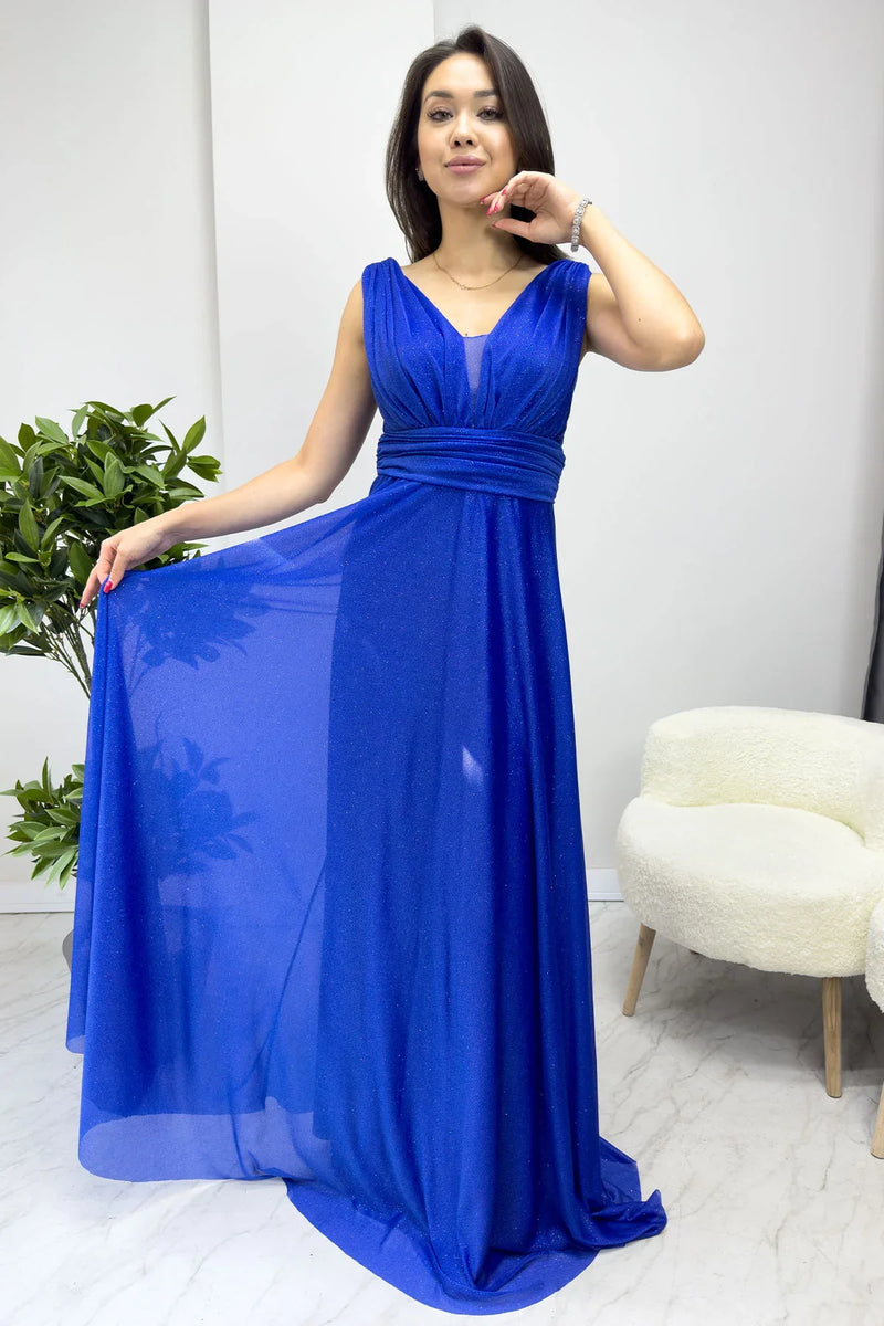 Saks Mavisi Sıfır Kol Transparan Detay Abiye Elbise