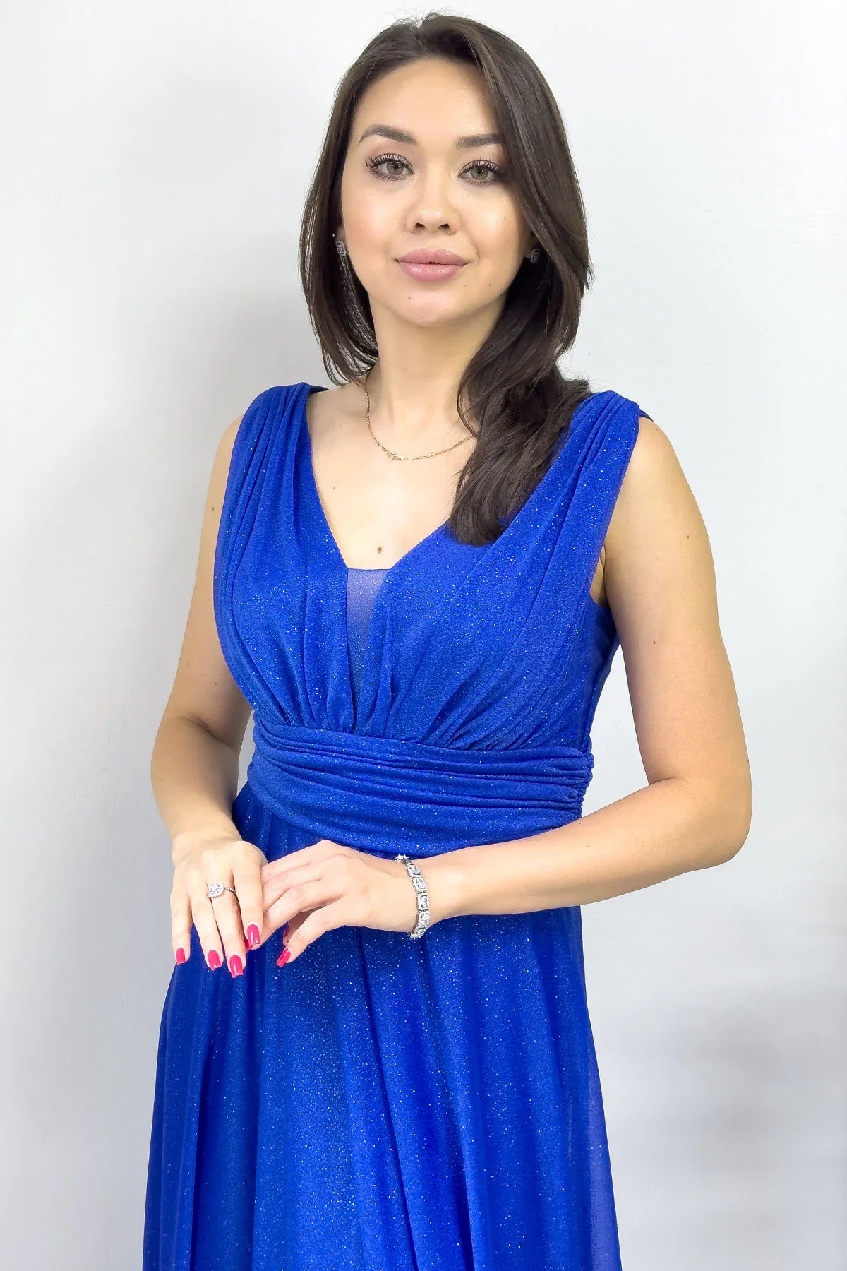 Saks Mavisi Sıfır Kol Transparan Detay Abiye Elbise