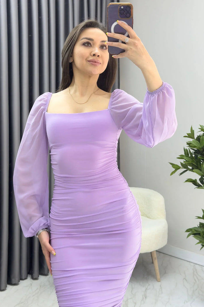 Lila Kare Yaka Drapeli Elbise