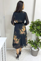 Sarı Çiçek Desenli Balon Kol Kruvaze Midi Boy Şifon Elbise - the ZKS