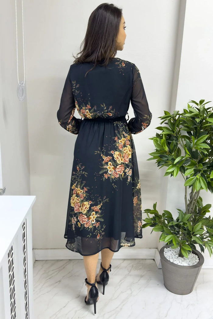 Sarı Çiçek Desenli Balon Kol Kruvaze Midi Boy Şifon Elbise - the ZKS