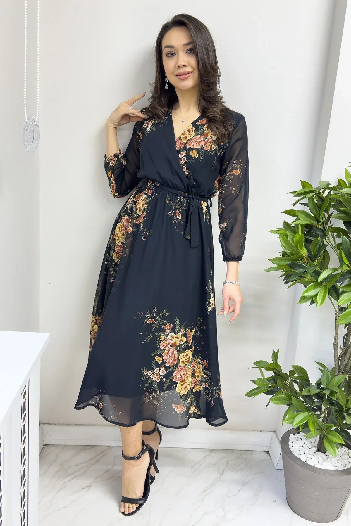 Sarı Çiçek Desenli Balon Kol Kruvaze Midi Boy Şifon Elbise - the ZKS