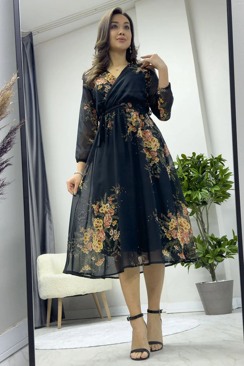 Sarı Çiçek Desenli Balon Kol Kruvaze Midi Boy Şifon Elbise - the ZKS