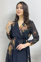 Sarı Çiçek Desenli Balon Kol Kruvaze Midi Boy Şifon Elbise - the ZKS