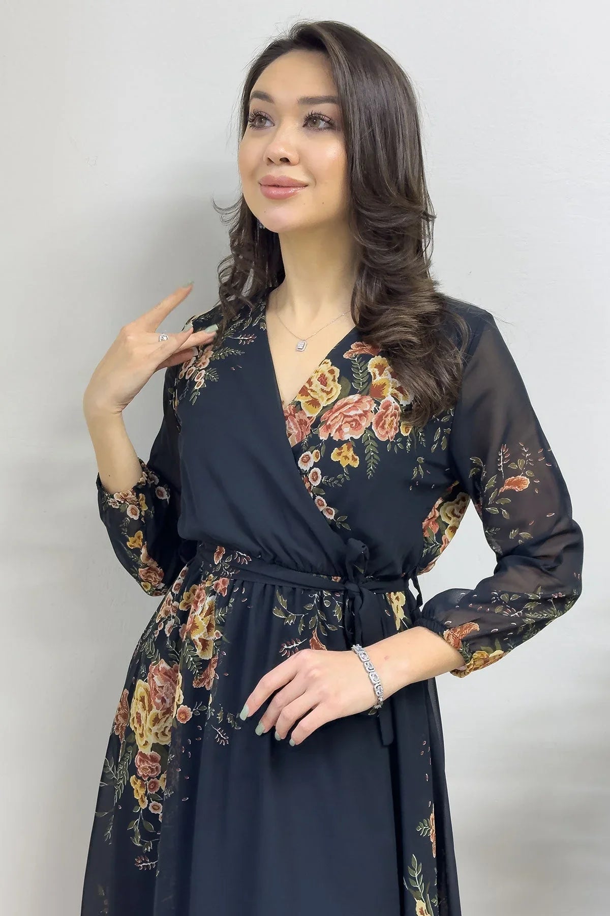 Sarı Çiçek Desenli Balon Kol Kruvaze Midi Boy Şifon Elbise - the ZKS