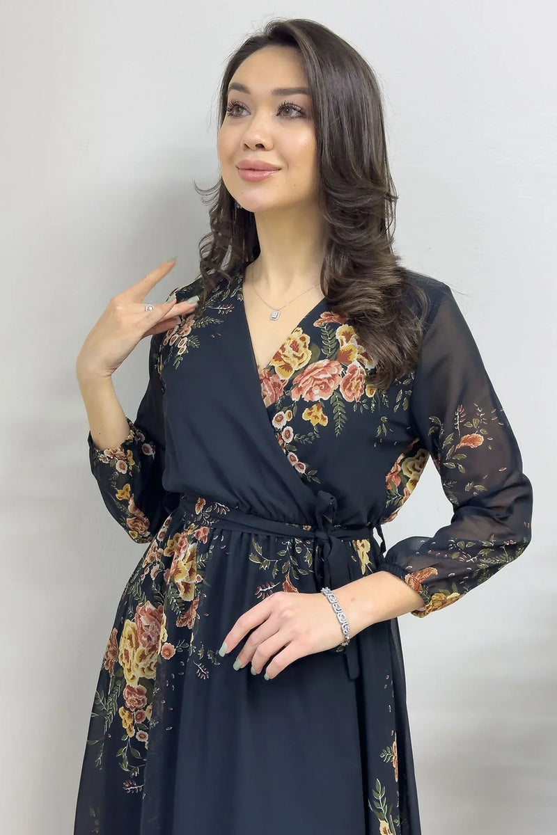 Sarı Çiçek Desenli Balon Kol Kruvaze Midi Boy Şifon Elbise - the ZKS