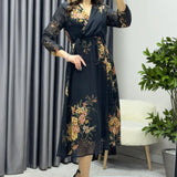 Sarı Çiçek Desenli Balon Kol Kruvaze Midi Boy Şifon Elbise