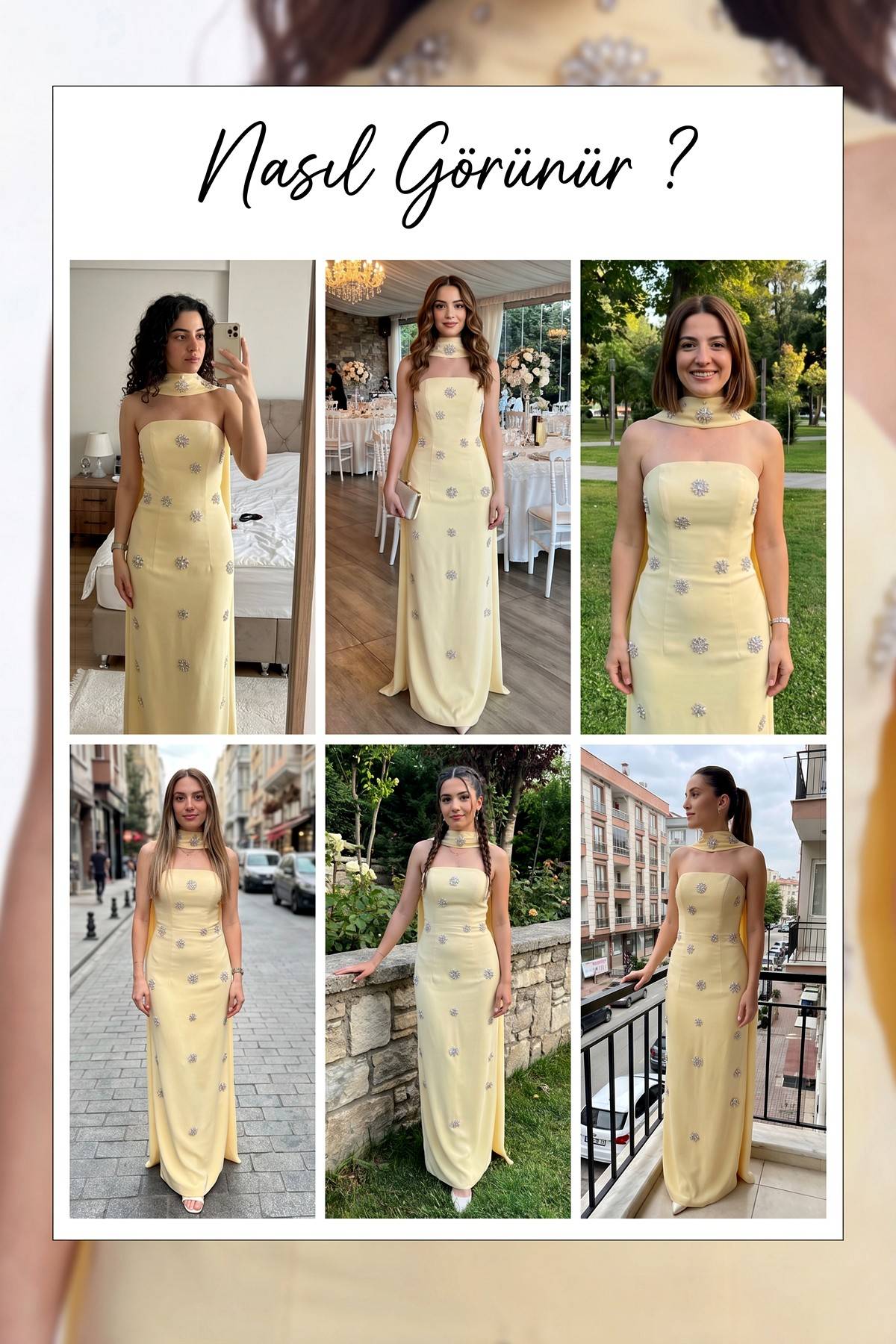 Sarı Taş Detaylı Straplez Şal Aksesuarlı Abiye Elbise  - Sarı