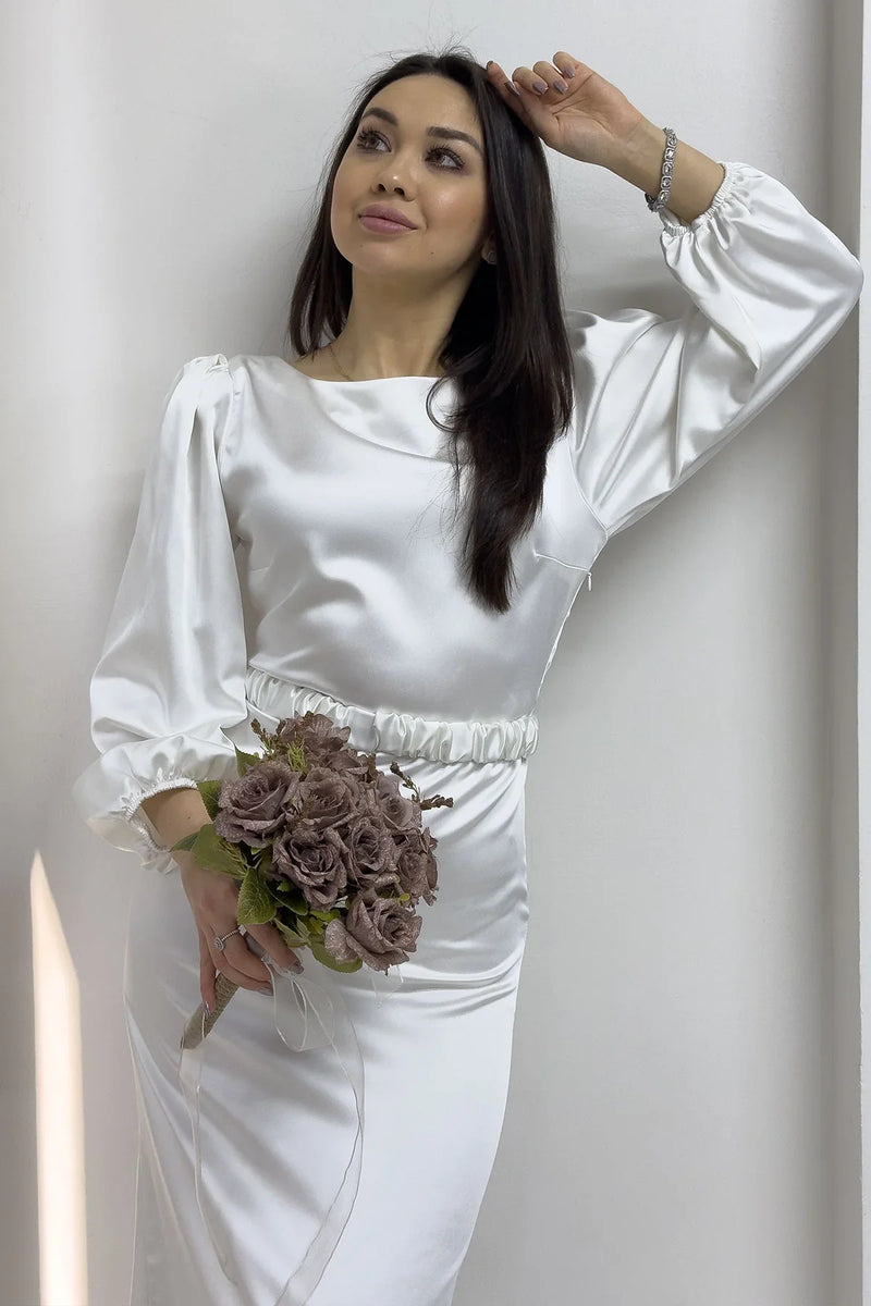 Beyaz Kemerli Balon Kol Midi Saten Büyük Beden Abiye Elbise