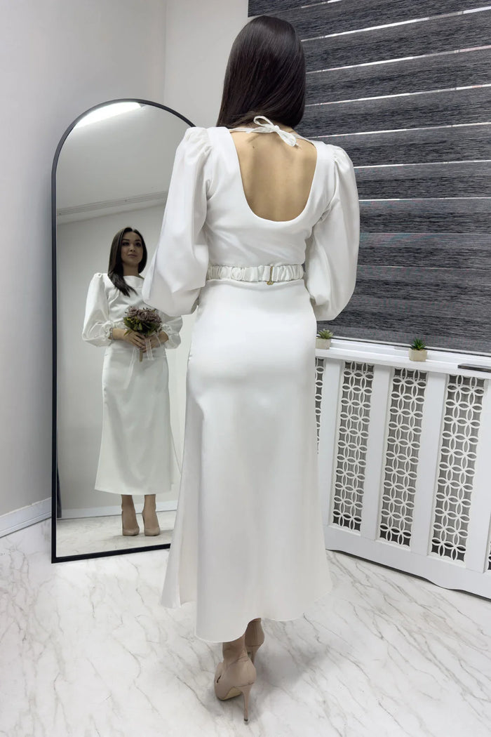 Beyaz Kemerli Balon Kol Midi Saten Büyük Beden Abiye Elbise