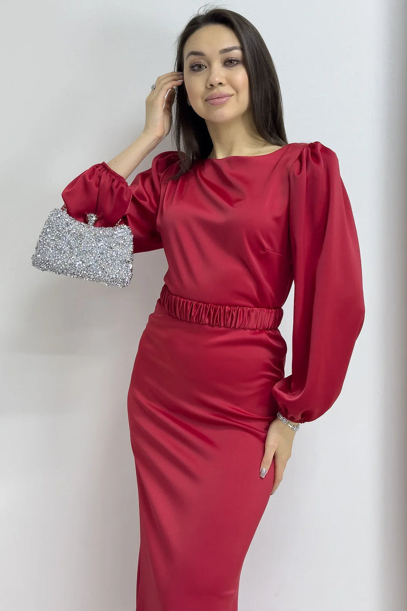 Kırmızı Kemerli Balon Kol Midi Saten Büyük Beden Abiye Elbise

