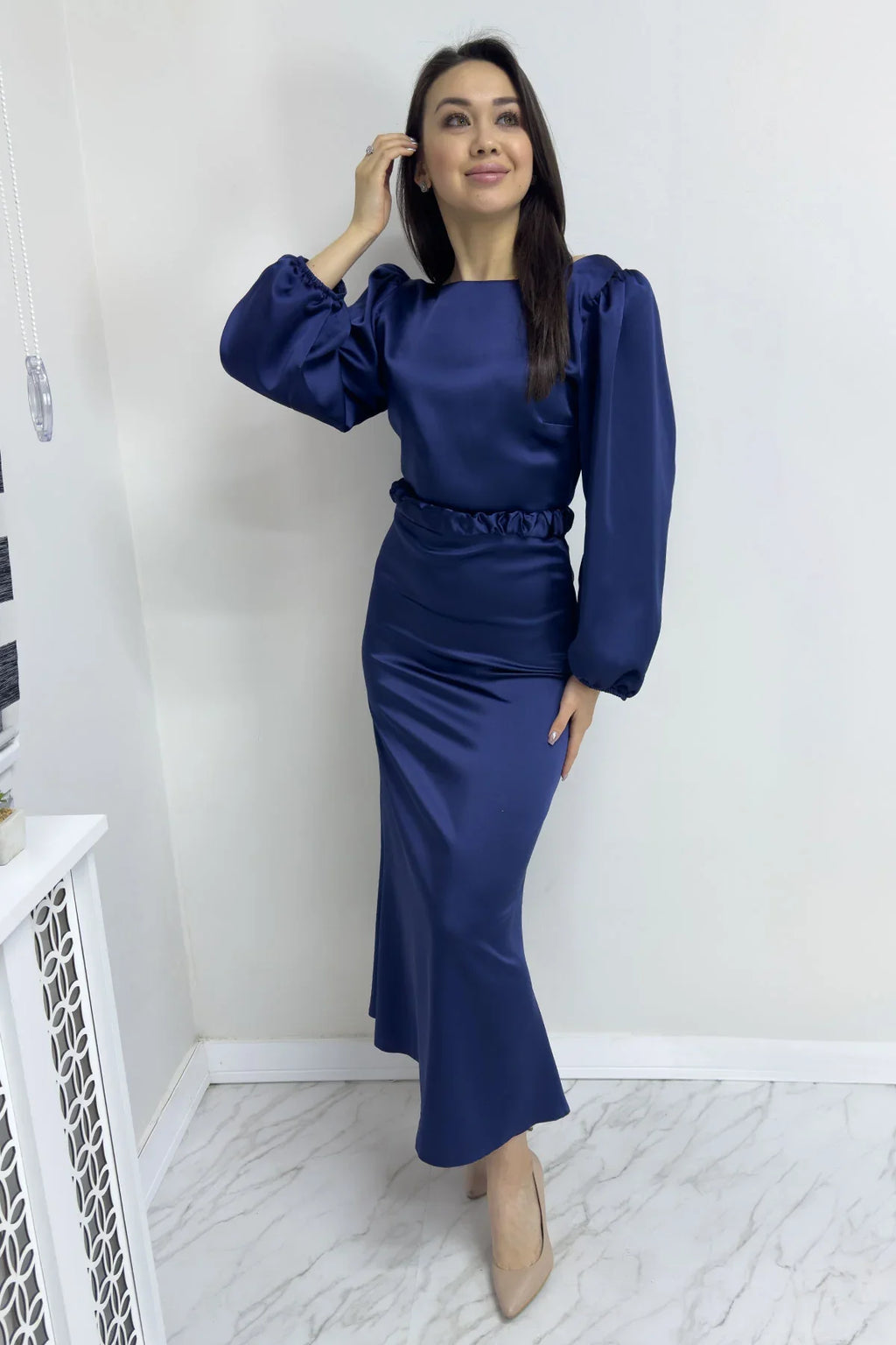 Lacivert Kemerli Balon Kol Midi Saten Büyük Beden Abiye Elbise

