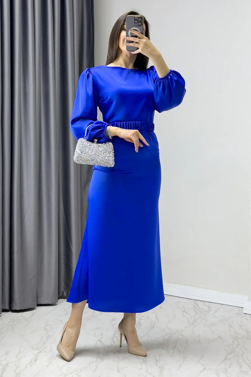 Saks Kemerli Balon Kol Midi Saten Büyük Beden Abiye Elbise

