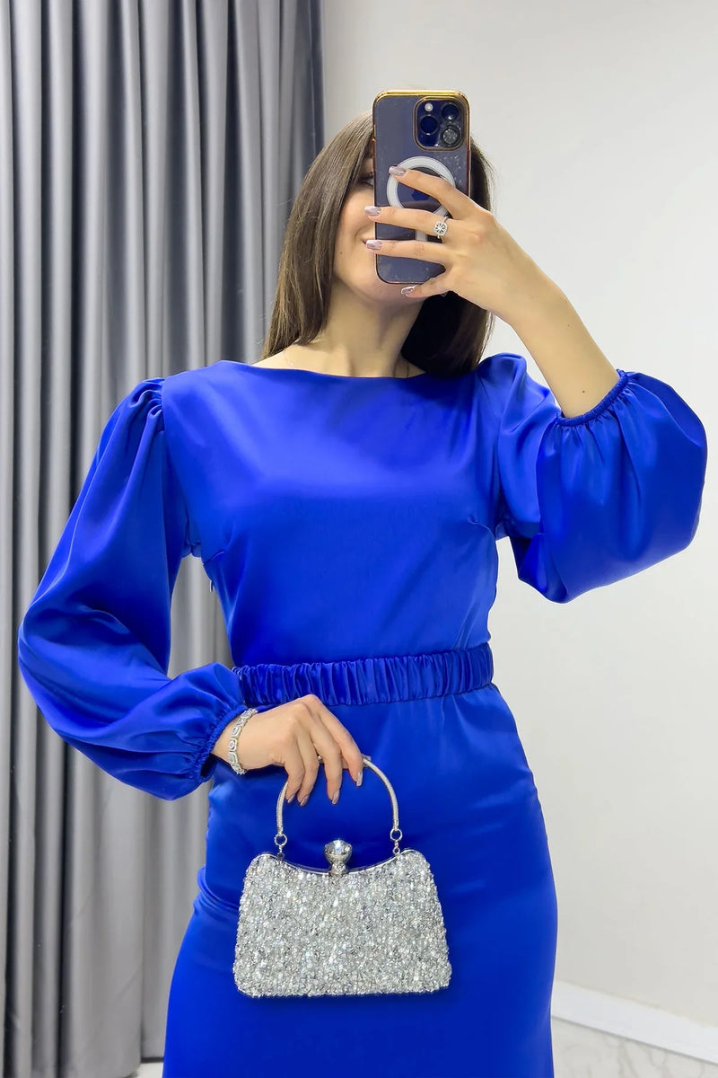 Saks Kemerli Balon Kol Midi Saten Büyük Beden Abiye Elbise

