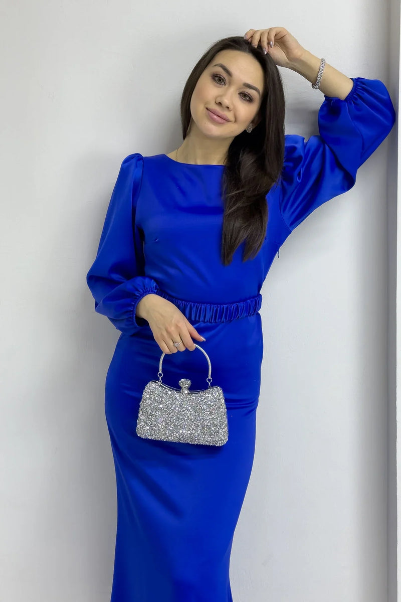 Saks Kemerli Balon Kol Midi Saten Büyük Beden Abiye Elbise

