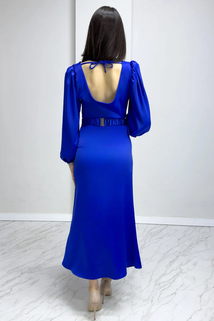 Saks Kemerli Balon Kol Midi Saten Büyük Beden Abiye Elbise

