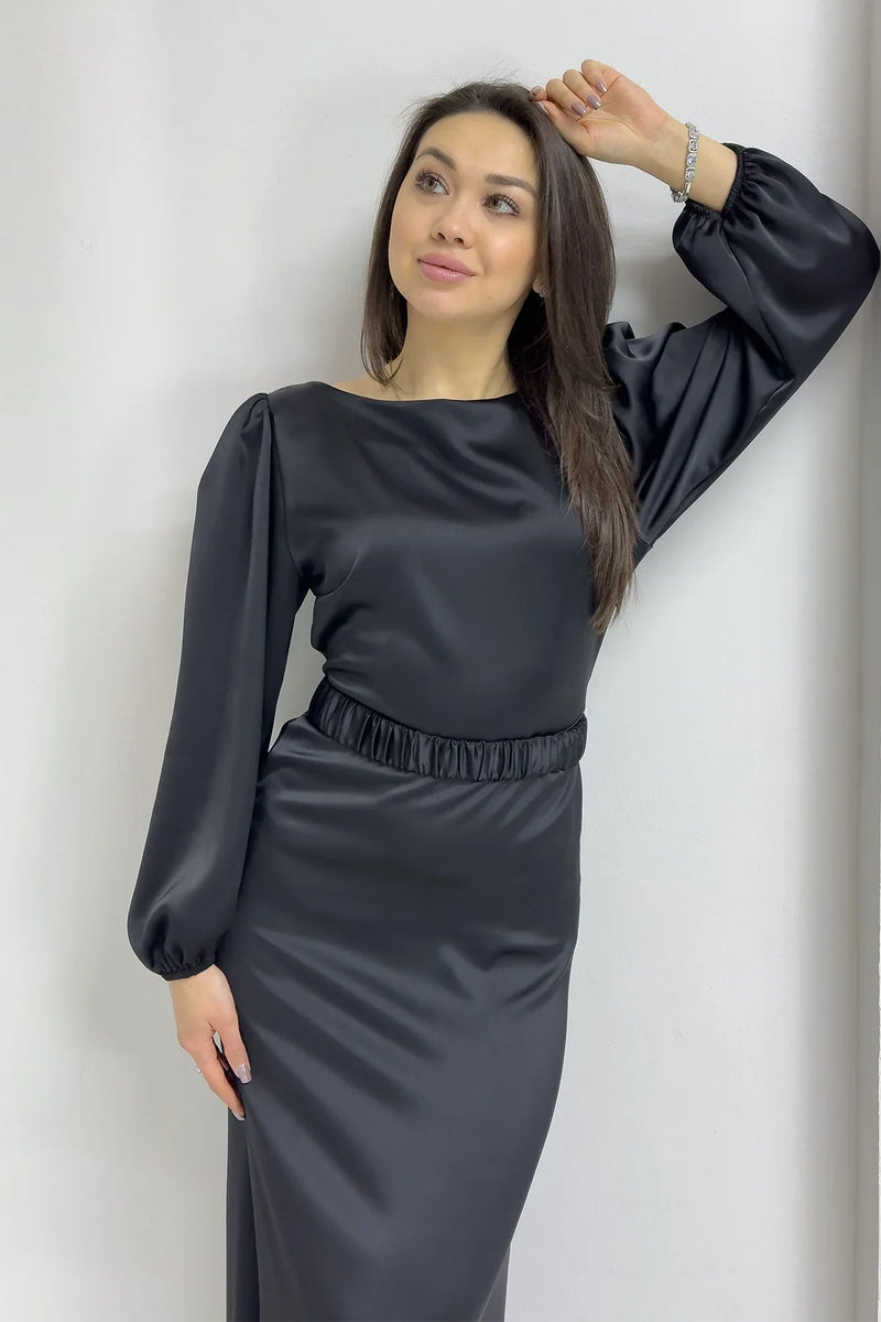 Siyah Kemerli Balon Kol Midi Saten Büyük Beden Abiye Elbise

