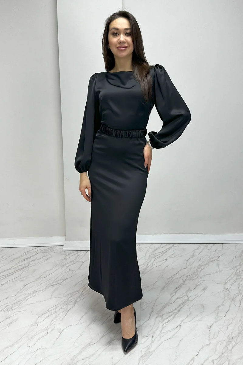 Siyah Kemerli Balon Kol Midi Saten Büyük Beden Abiye Elbise

