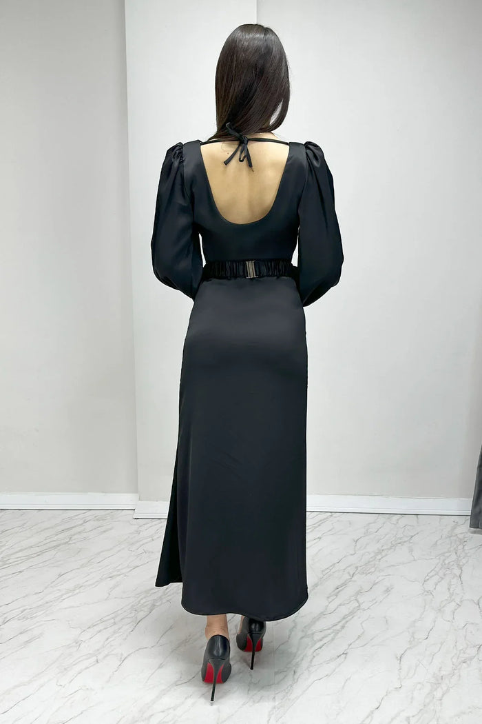 Siyah Kemerli Balon Kol Midi Saten Büyük Beden Abiye Elbise

