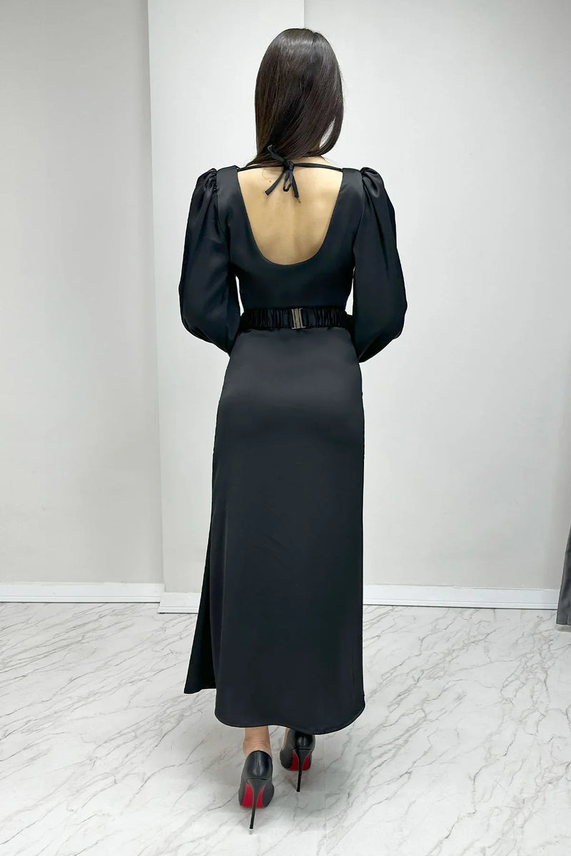 Siyah Kemerli Balon Kol Midi Saten Büyük Beden Abiye Elbise

