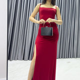 Kırmızı Scuba  Yırtmaçlı Askılı Elbise