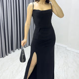 Siyah Scuba  Yırtmaçlı Askılı Elbise