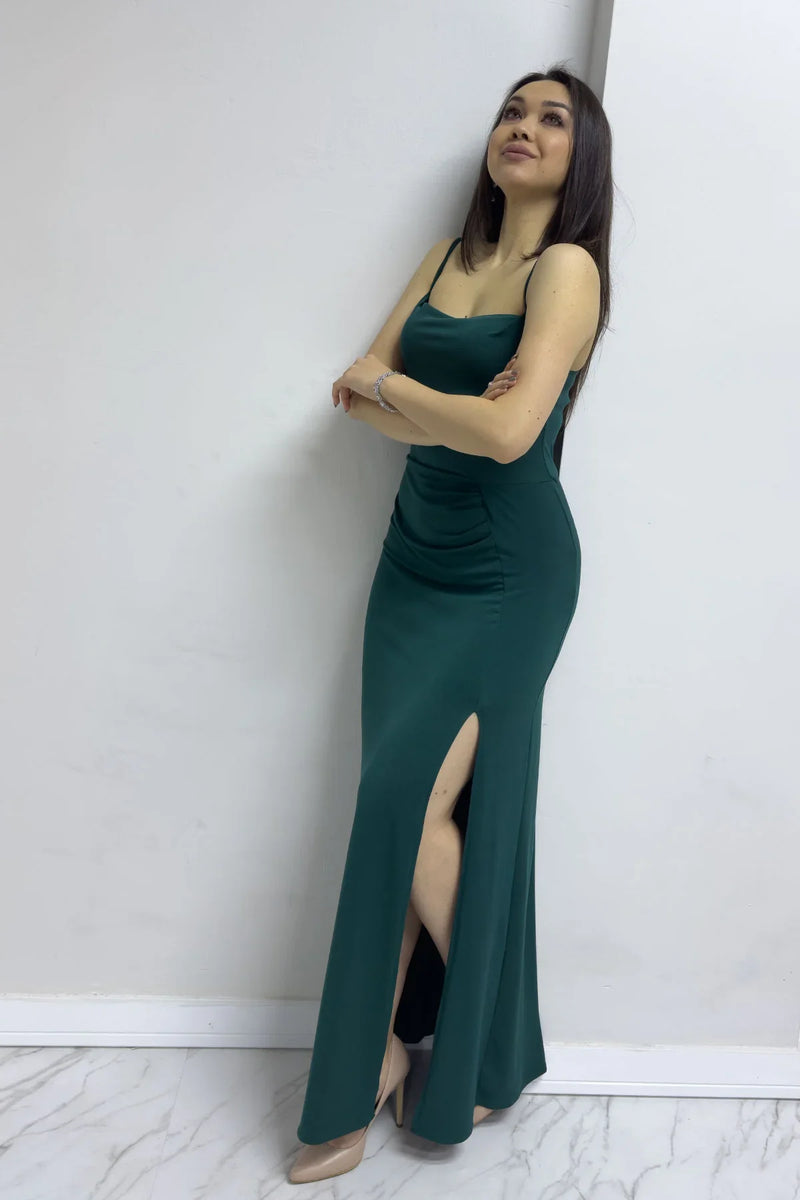 Yeşil Scuba Yırtmaçlı Askılı Elbise

