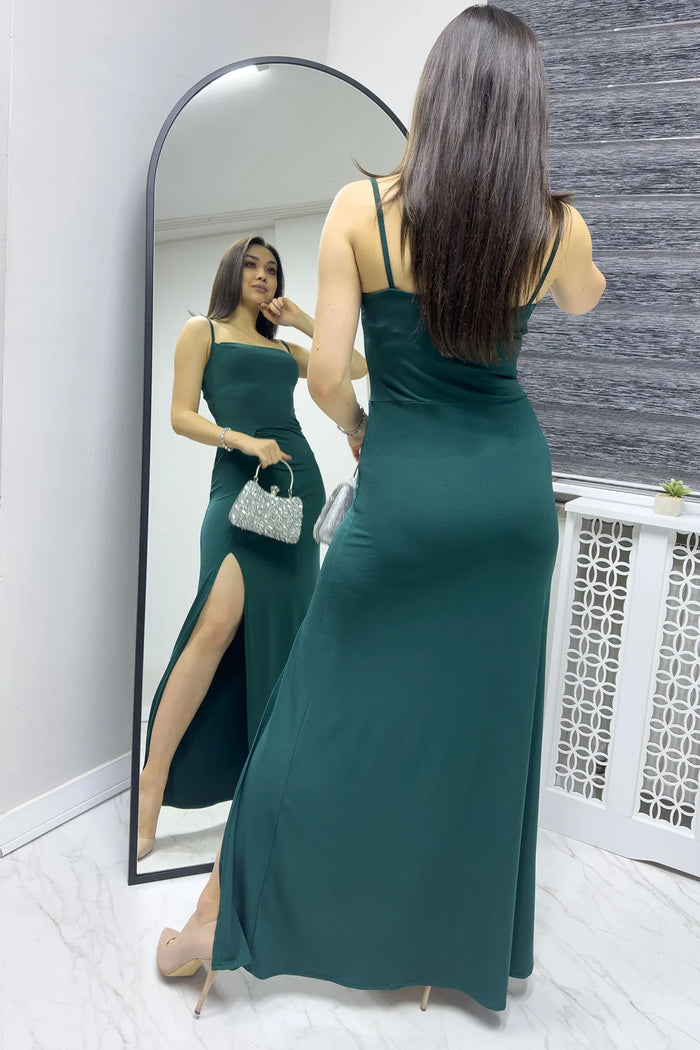 Yeşil Scuba Yırtmaçlı Askılı Elbise

