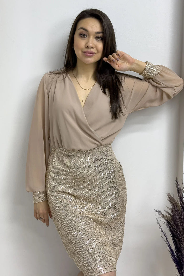 Bej Kruvaze Yaka Payet Abiye Elbise