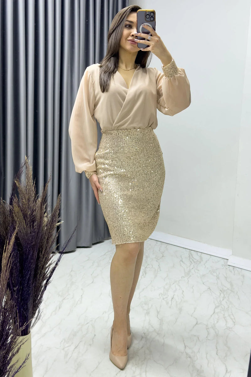 Bej Kruvaze Yaka Payet Abiye Elbise
