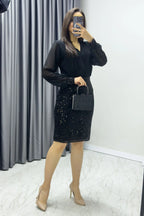 Siyah Kruvaze Yaka Payet Abiye Elbise

