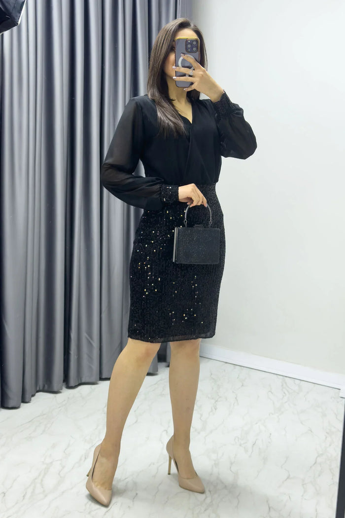 Siyah Kruvaze Yaka Payet Abiye Elbise

