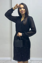 Siyah Kruvaze Yaka Payet Abiye Elbise

