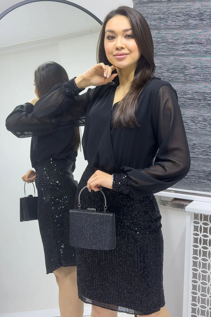 Siyah Kruvaze Yaka Payet Abiye Elbise

