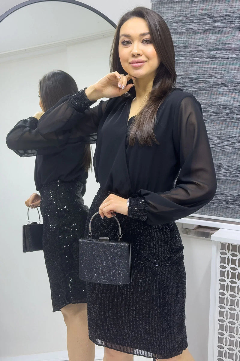 Siyah Kruvaze Yaka Payet Abiye Elbise

