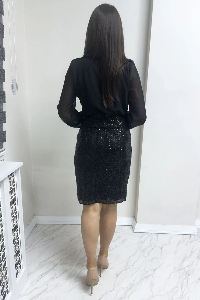 Siyah Kruvaze Yaka Payet Abiye Elbise

