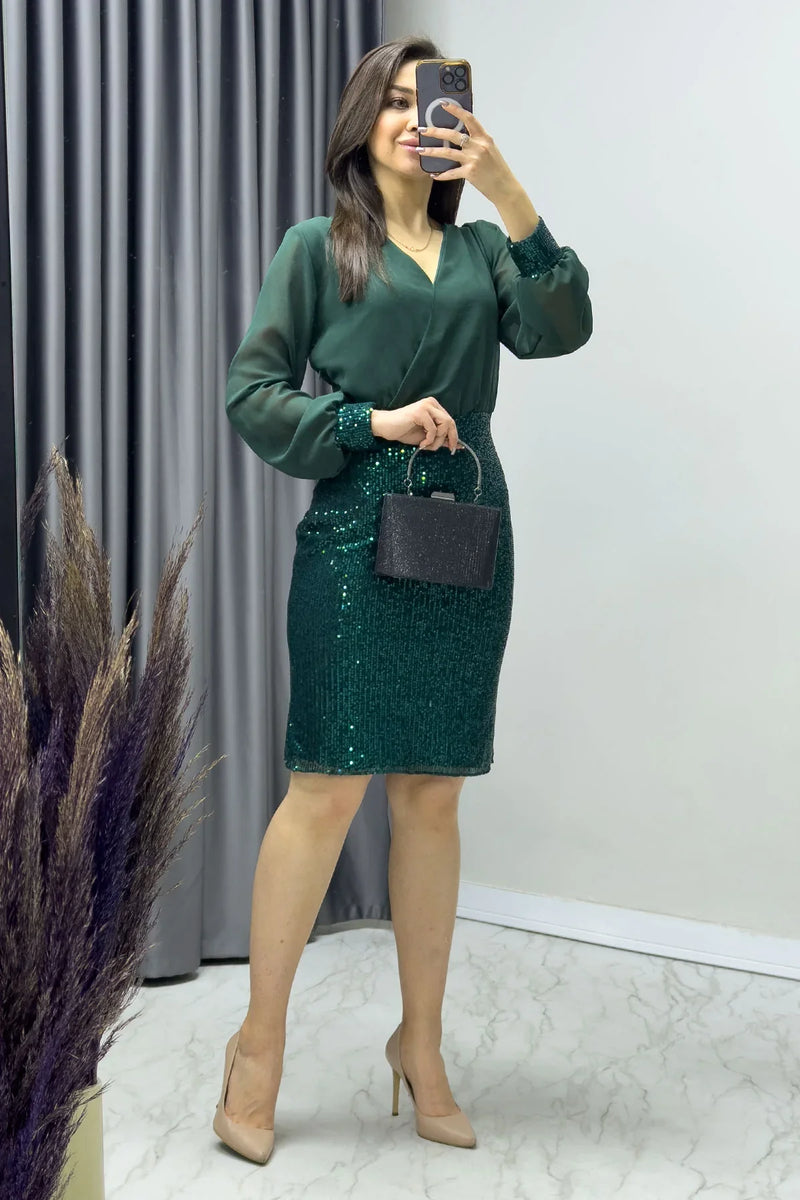 Zümrüt Yeşili Kruvaze Yaka Payet Abiye Elbise

