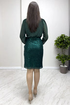 Zümrüt Yeşili Kruvaze Yaka Payet Abiye Elbise

