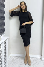 Siyah Kadın Büyük Beden Kolu Şifon Simli Midi Abiye Elbise

