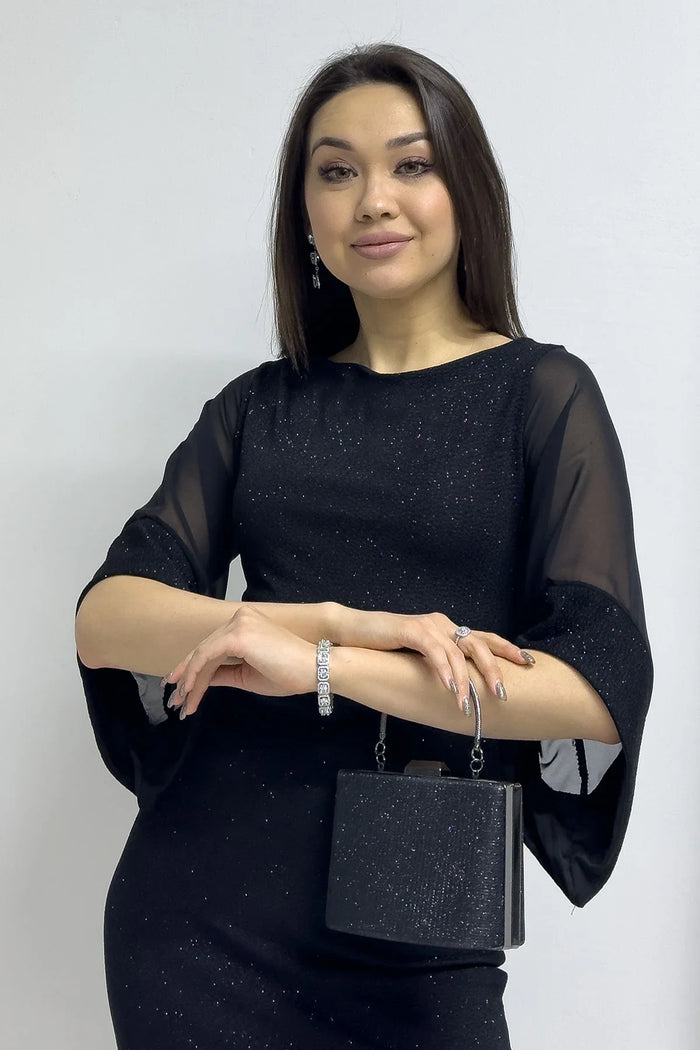 Siyah Kadın Büyük Beden Kolu Şifon Simli Midi Abiye Elbise

