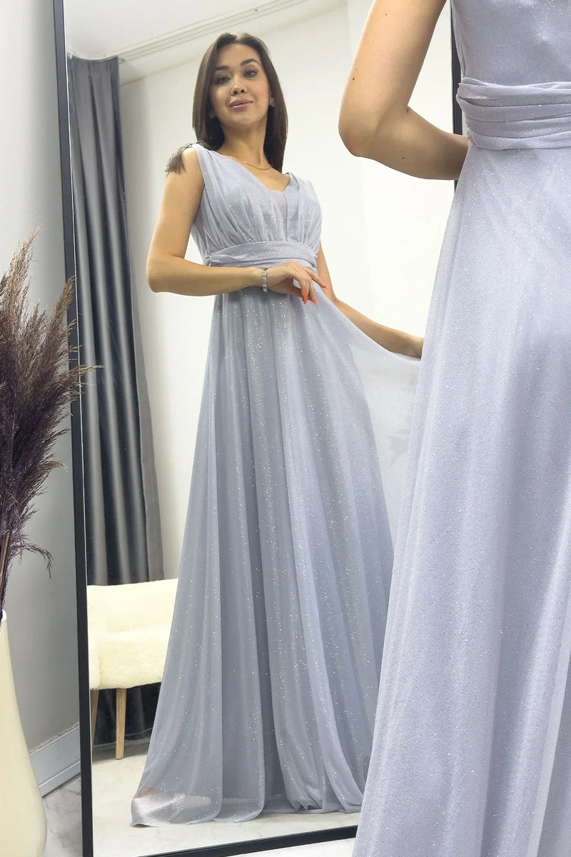 Kadın Gri Sıfır Kol Transparan Detay Abiye Elbise