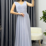 Kadın Gri Sıfır Kol Transparan Detay Abiye Elbise