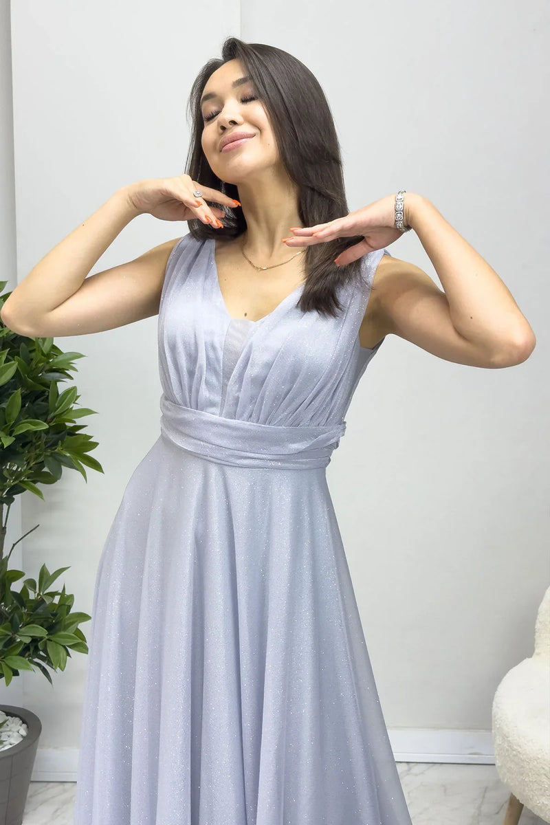 Kadın Gri Sıfır Kol Transparan Detay Abiye Elbise