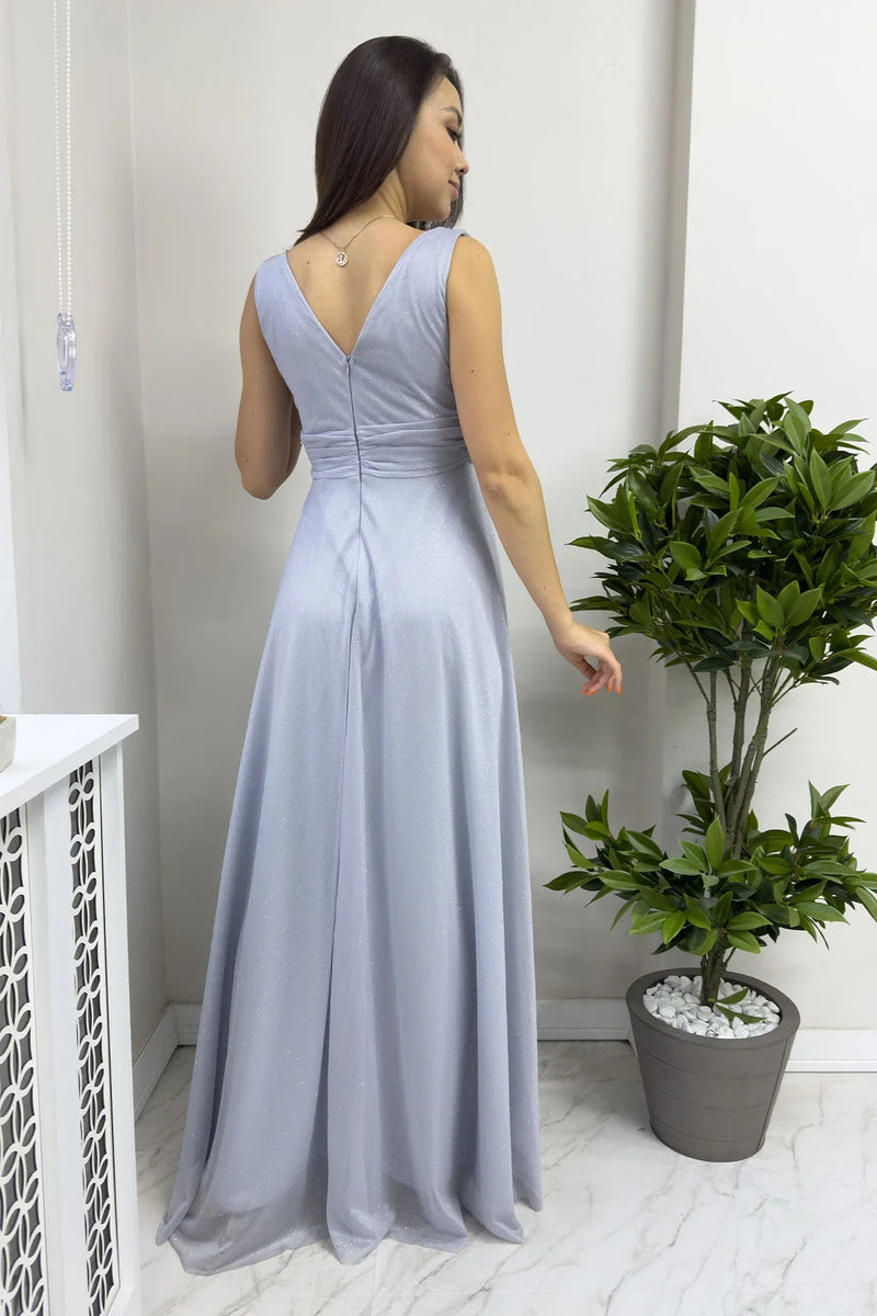 Kadın Gri Sıfır Kol Transparan Detay Abiye Elbise