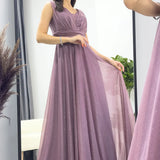 Kadın Mor Sıfır Kol Transparan Detay Abiye Elbise