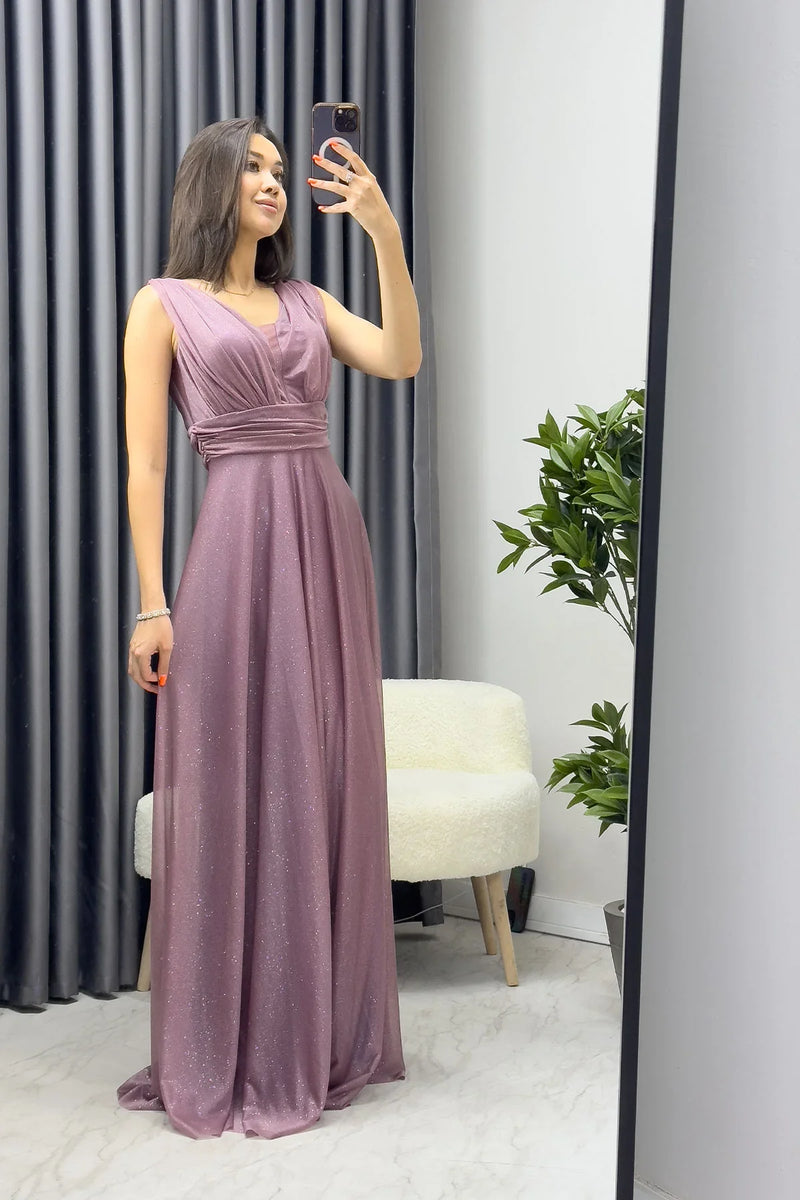 Kadın Mor Sıfır Kol Transparan Detay Abiye Elbise