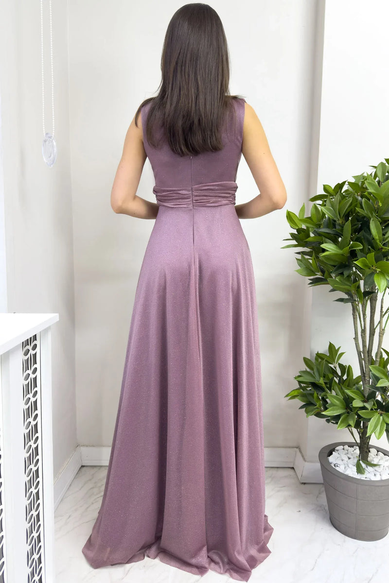 Kadın Mor Sıfır Kol Transparan Detay Abiye Elbise